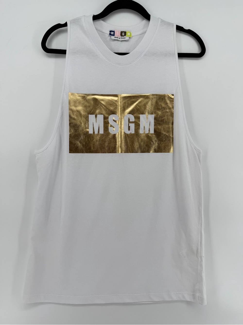 MSGM Milano White Gold Foil Box Logo Tank Top Muscle Tee M Made in Italy, New